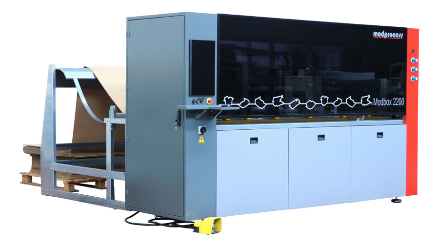 Cardboard box maker machine Modprocess Mod. Modbox 2200, available in Gimeno woodworking machinery